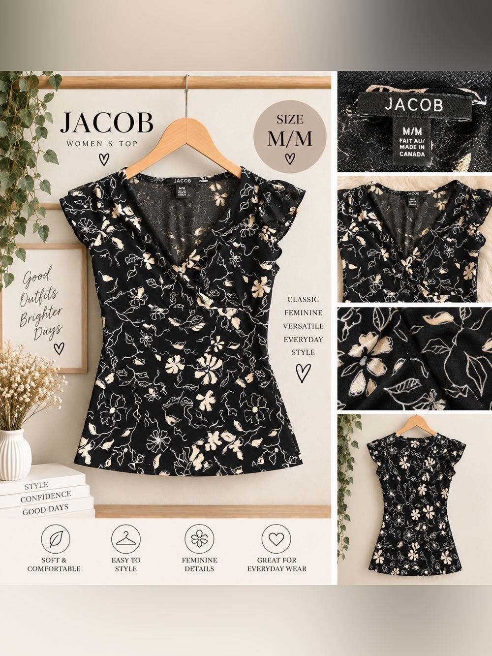 JACOB Women’s Black & Cream Floral Wrap Style Top – Size M